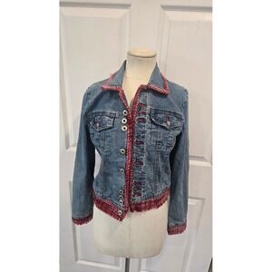 OTB Denim Jacket Womens Medium Stretch Red Trim‎ Embellished Accents Cute